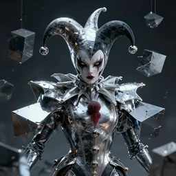front shot of a court jester character ominous fractal hyper cubes platinum cracked dark future realistic galactic fluid edges poly extraordinary detailed concept artstation sharp focus ray tracing cinematic masterpiece fine portrait