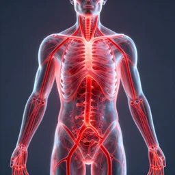 a see through torso display of a bio - electrical humanoid, glowing red veins, centerpiece symmetry, hyper realistic, proportional composition, volumetric random lighting, 8 k