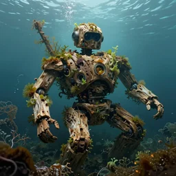 a sunken robot made out of driftwood, drift wood robot, overtaken by vegetation and algae, submersed, underwater, drift wood robot by Frank Frazetta, detailed, epic, intricate artstation