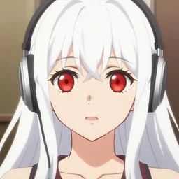 anime film still portrait of a japanese young woman, large, red eyes, white hair!!!!!, long, wearing wireless headphones, cute face by ilya kuvshinov, bakemonogatari, masakazu katsura, rimlight, fine details, fine - face, 4 k, long white hair!!!!!