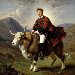 gordon ramsay riding a long horn ram in the scottish mountains in the style of napoleon crossing the alps painting by paul delaroche, masterpiece, tartan cape