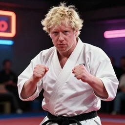 Boris Johnson as the karate kid, 80s VHS, neon lights