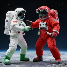 a red astronaut about to stab a green astronaut