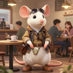 full body portrait of a female anthropomorphic albino rat fursona wearing hipster clothes sitting in a coffee shop. detailed character design by disney, charlie bowater, ross tran, artgerm, and makoto shinkai, detailed, soft lighting, rendered in octane