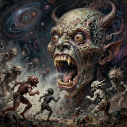 a high hyper detailed painting with complex and striking textures of a horrible and psychotic monstrous head with an open mouth, pointed teeth and several eyes, from its mouth come out several monsters and deformed beings running and screaming, cosmic horror psychedelic magical realism octane render bizarre art, coceptual art