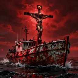 anti - christ rising from a red ocean. ominous. vivid color detailed photograph from a 2 0 2 0 s blockbuster vfx horror movie. a capsized boat.