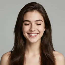 a beautiful girl from minnesota, brunette, joyfully smiling at the camera with her eyes closed. thinner face, irish genes, dark chocolate hair colour, wearing university of minneapolis coat, perfect nose, morning hour, plane light, portrait, minneapolis as background. in her early 3 0