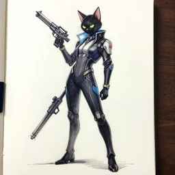 cyberpunk cat in suit sketch holding weapon - s! dream cyberpunk cat in suit sketch sideview full body