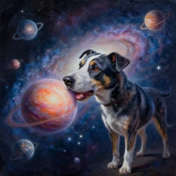 galaxy sized dog is biting some planets, oil painting