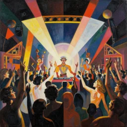 geometric painting of an edm rave party by hieronymus bosch