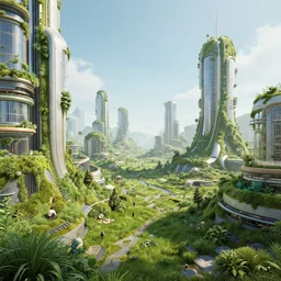 an ultra wide angle view of a solarpunk city, overgrowth of grass and moss, futuristic, hyperrealism, by federico pelat and zaha hadid, octopath traveler, octane render, misty, highly rendered, global illumination, radiant light