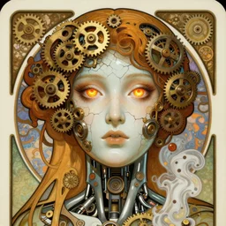 A close-up portrait of a beautiful female robot wearing an intricate cracked porcelain face by Alphonse Mucha, exposed inner gears, shining fiery eyes, steampunk, gears, steam, art nouveau card, concept art, wlop, trending on artstation
