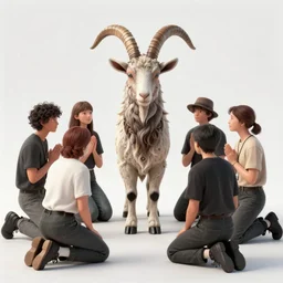 A group of millennial hipsters kneeling and worshipping before a satanic goat-person in the style of Corporate Memphis, Alegria style, Buck Studios artwork, gradients, simple, minimalist, medium shot