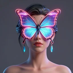 3 d model of a portrait of a beautiful woman with a neon butterfly covering her face head, cult secret society art by james paick, and shaddy safad | by jim henson : 0. 7 | dave melvin : 0. 4 | unreal engine, deviantart, artstation, octane, finalrender, concept art, hd, 8 k resolution