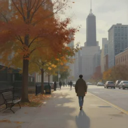 walk in chicago 1 9 3 0, volumetric lighting, autumn, morning, overcast weather, few clouds, realistic illustration, perfectly shaded, soft painting, art by krenz cushart and wenjun lin