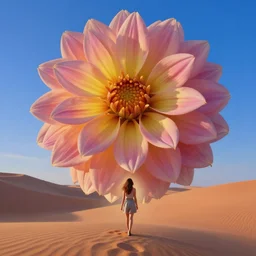 closeup huge dahlia flower under head, a girl walking between dunes, surreal photography, sunrise, blue sky, dramatic light, impressionist painting, digital painting, artstation, simon stalenhag