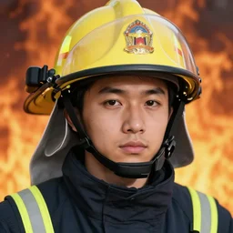 fireman, fire helmet, flames background | | very very anime!!!, fine - face, audrey plaza, realistic shaded perfect face, fine details. anime. realistic shaded lighting poster by ilya kuvshinov katsuhiro otomo ghost - in - the - shell, magali villeneuve, artgerm, jeremy lipkin and michael garmash and rob rey