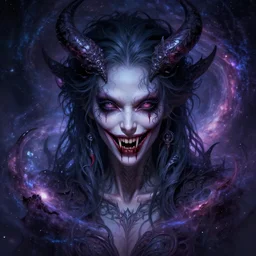 a wlop 3 d render of very very very very highly detailed beautiful mystic portrait of a phantom undead succubus with whirling galaxy around, bloody fangs, deranged eyes, tattoos by anton pieck, intricate, extremely detailed, digital painting, artstation, concept art, smooth, sharp focus, illustration, intimidating lighting, incredible art,