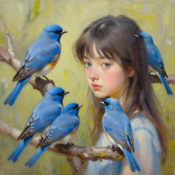 blue birds, girl, photo by eric burkhanaev, oil painting, sunlit, paint texture, digital painting, high detail, artstation, clear focus, illustration, concept art, ruan jia, charlie bowater, tom bagshaw, norman rockwell