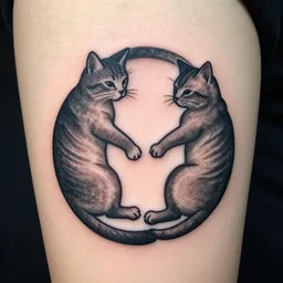 two cats holding each other's tail, circle design, tattoo design, inking on skin, designed by victo n'gai