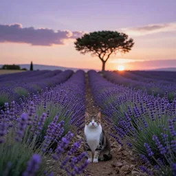 lavender field in provence at sunset with a cat