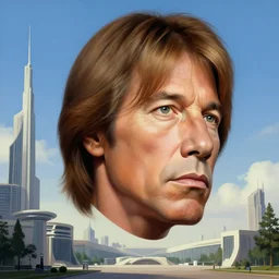 the giant head of jon bon jovi hovering above the futurological congress, painted by james jean and rene magritte