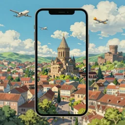 city of armenia quindio landscape, art by studio ghibli ( 1 9 9 1 ), airplanes in the sky, castle in the sky, high quality phone wallpaper, pixiv, 4 k, hd
