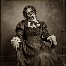 rotting corpse, zombie woman dressed in victorian style clothes sitting in old chair, skin peeling off face, portrait, wet plate photography, amazing background, sepia, photorealistic