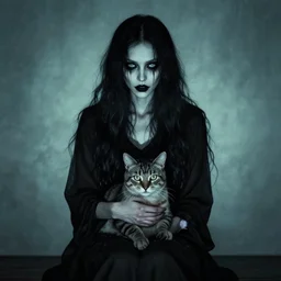 it features a woman sitting with a cat on her lap. the woman is a bit spooky looking... her eyes glow with an unearthly light. indeed, she is nearly demonic.