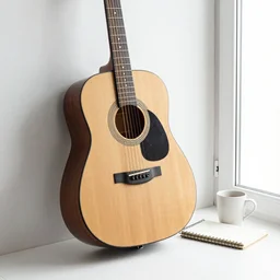 a guitar sitting on a windowsill next to a notebook and cup of tea, ocean view, woodcut with white boarder