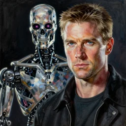 realistic portrait beautiful painting from scene in the terminator movie, when robot turned into james bond. horror, created by thomas kinkade and gustave courbet, fine draw, high detailed, fine lighting, smooth draw, no anomaly