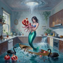 tall emo female artist holding a mermaid in her flooded kitchen, pomegranates, octopus, water gushing from ceiling, painting of flood waters inside an artist's apartment, a river flooding indoors, ikebana, zen, rapids, waterfall, black swans, canoe, berries, acrylic on canvas, surrealist, by magritte and monet