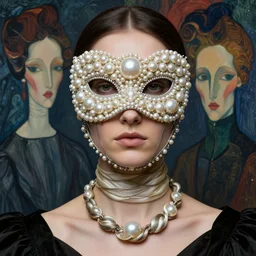 a beautiful futuristic portrait covered by mask made of pearl and wire, necklace made by silk and wires twisted around neck, design by leonardo davinci, inspired by egon schiele, modern art, baroque art jewelry, new classic, hyper realistic, cinematic composition, cinematic lighting, fashion design, concept art, hdri, 4 k -