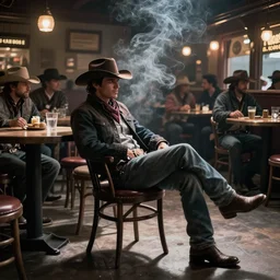 first image from new western film, a cowboy slouches in a saloon chair in shadow, crowded saloon, smoke in the air, kodak vision 2 0 0 t, anamorphic lens, halation, diffusion, framing, symmetrical, film grain, high contrast