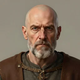 head portrait full-face of a 60 years old strict looking man, bald patch, sqare-jawed in medieval clothing, digital art