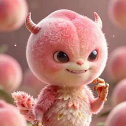 an alien with a face that looks like a fuzzy peach the peach is fuzzy pink warm and ripe the alien has horns and a mean smile the alien has kind eyes with chicken feet cruel smile, 4k, highly detailed, high quality, amazing, high particle effects, glowing, majestic, soft lighting, detailed background, happy tones, sharp background