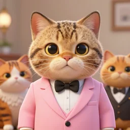 3 d render, anthropomorphic male tabby cat, wearing a pink tux, style of zootopia, 8 k hd resolution, high quality image