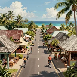 a quaint fijian island town, street, shops, restaurant, mainstreet - level view, bicycles, view of ocean in the distance at end of street, digital illustration, art by artgerm, trending on artstation, intricate, amazing detail, concept art, sharp focus, cinematic lighting