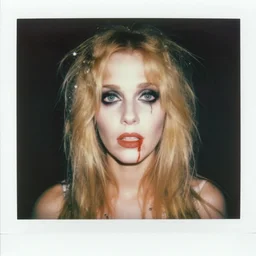 an instant photo of a beautiful but sinister woman in layers of fear, with haunted eyes and matted blonde hair, 1 9 7 0 s, seventies, delicate embellishments, a little blood, crimson, painterly, offset printing technique, mary jane ansell