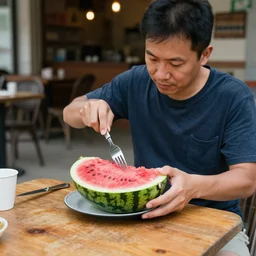 a man cutting a watermelon with a fork and a knife sitting in a table outside of a restaurant