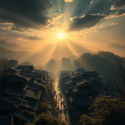 by chen uen, ancient zhou dynasty, street view from mountain, crepuscular rays, epic scene, hyper realistic, photo realistic, overgrowth, cinematic atmosphere, ethereal lighting