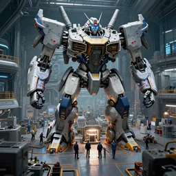 busy repair bays of giant mechs, futuristic, automation, cinematic footage, highly detailed, intricate detail, volumetric lighting, hdr,