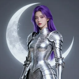 oracle of the moon, silver filigree armor, purple hair, transluscent skin, beautiful! coherent! by brian froud, strong line, high contrast, muted color