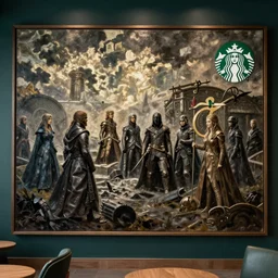 starbucks interior, game of thrones style, oil on canvas