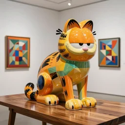 beautiful gallery show studio photograph of a giant realistic geometric ceramic sculpture of garfield cat!!!!, heavily glazed by bridget riley and victor vasarely, placed on a polished wooden table, colorful hyperrealism 8 k trending on artstation