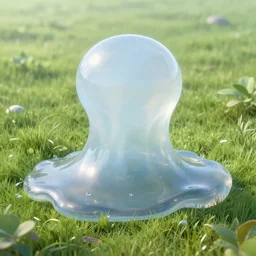 render of one huge fantasy transparent translucent water - slime in the meadow. fantasy, high details, masterpiece, cgsociety, octane render, 8 k, volumetric lighting, photorealism, translucent raytracing, artstation contest winner