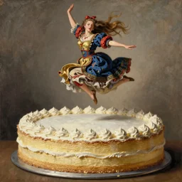 jump from the huge cake, long hair, by greg hildebrandt fancy 1 5 century oil painting high quality clothed in fancy garb in pin up style