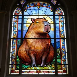 a beautiful stained glass church window of a capybara god, 4 k, trending on artstation