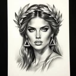 realism tattoo sketch of adriana lima as a beautiful greek goddess aphrodite with piercing eyes wearing a laurel wreath and triangle earrings, in the style of greg rutkowski, amazing detail
