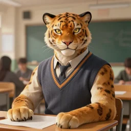 photograph of a male anthropomorphic panther fursona wearing a sweater vest in a school classroom, deep focus, intricate, elegant, highly detailed, digital painting, artstation, concept art, matte, sharp focus, illustration, d & d, fantasy, hearthstone, art by artgerm and greg rutkowski and alphonse mucha